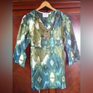 NEW! Women's Small Safari Tunic Green Cotton attached Necklace- Just Class